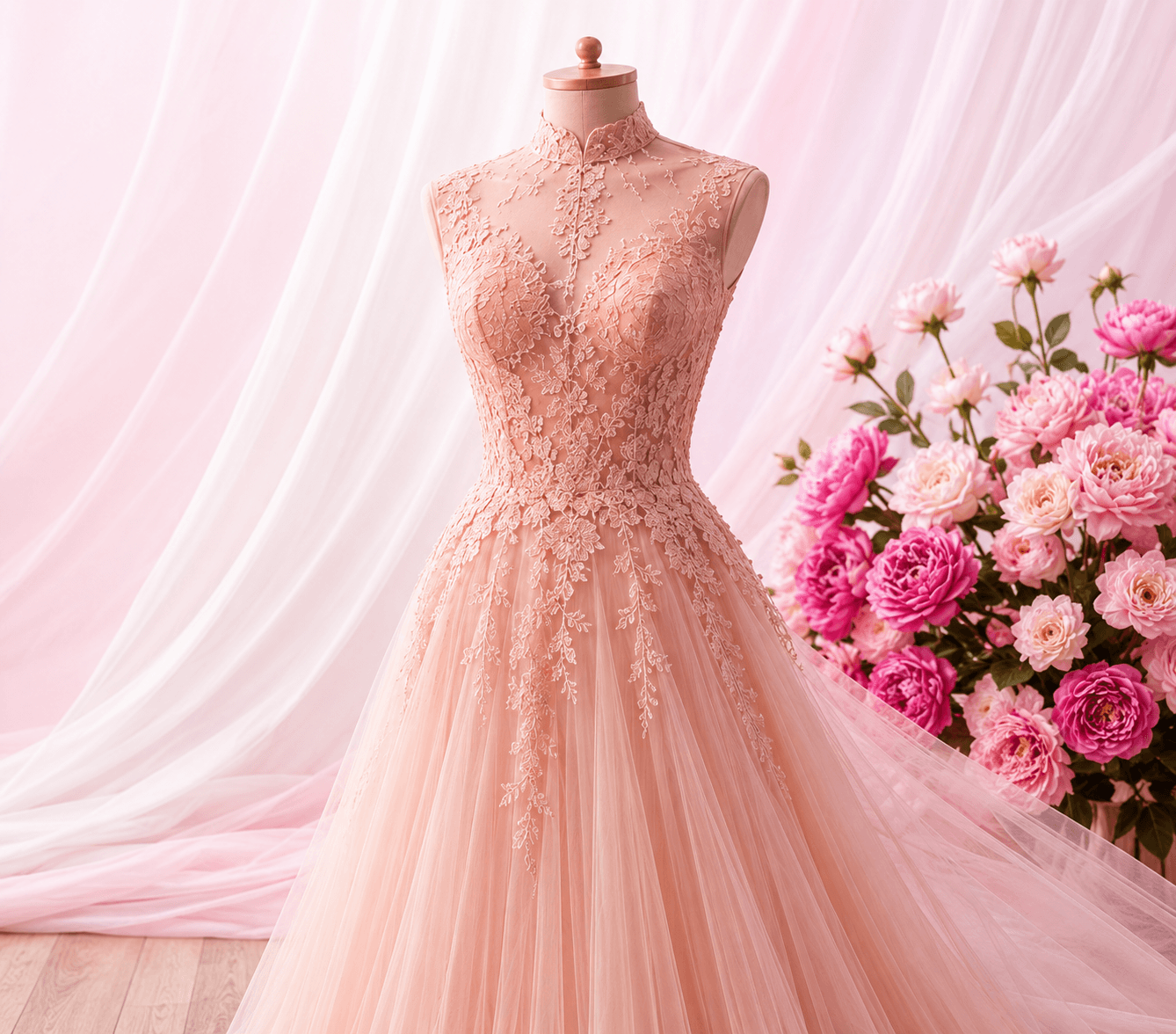 Elegant pink couture design displayed on a mannequin